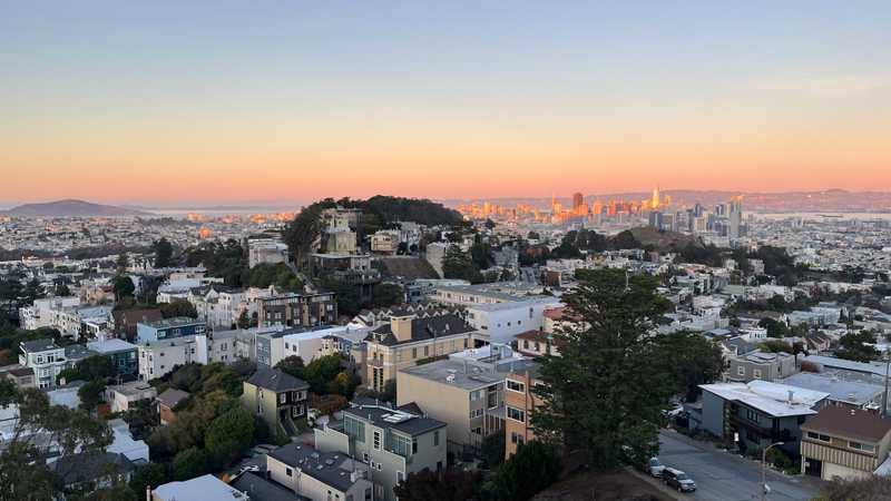 The view from Tank Hill at sunset, a few blocks away from my new home in Cole Valley