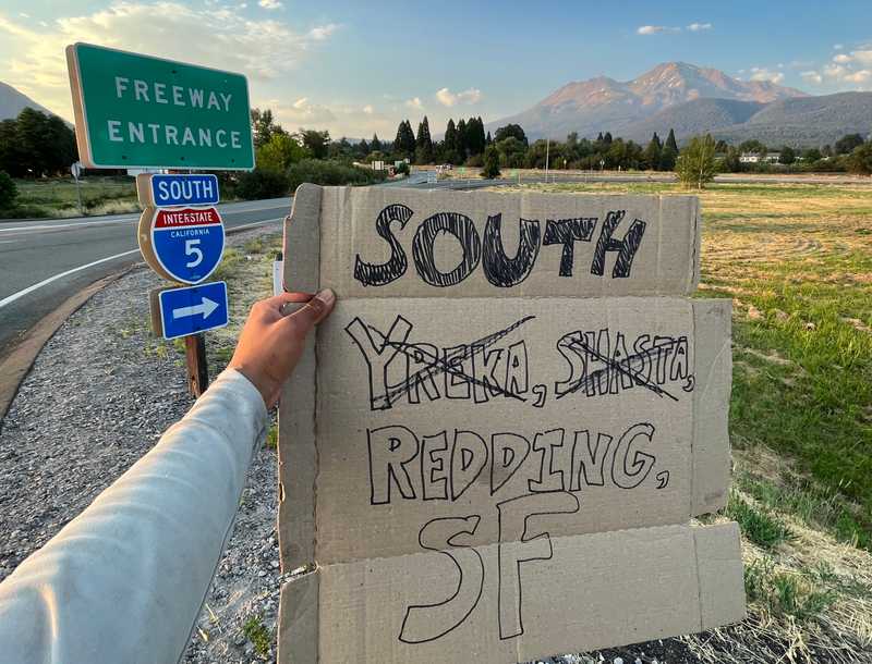 Waiting by the I-5 onramp in Mt. Shasta